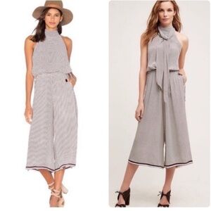 Faithful The Brand Emery Jumpsuit White Brown Cropped Wide Leg Dimond Tie Neck M